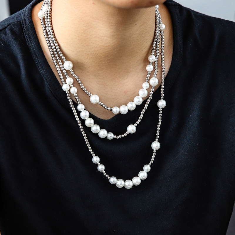 New Fashion Mens Pearl Necklace Hip Hop Stainless Steel Ball Beaded Necklaces Jewelry Clavicle Chain