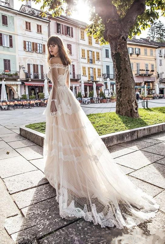 summer beach bohemian wedding dresses long sleeves off shoulder france lace princess church country bridal gowns vestido de noiva