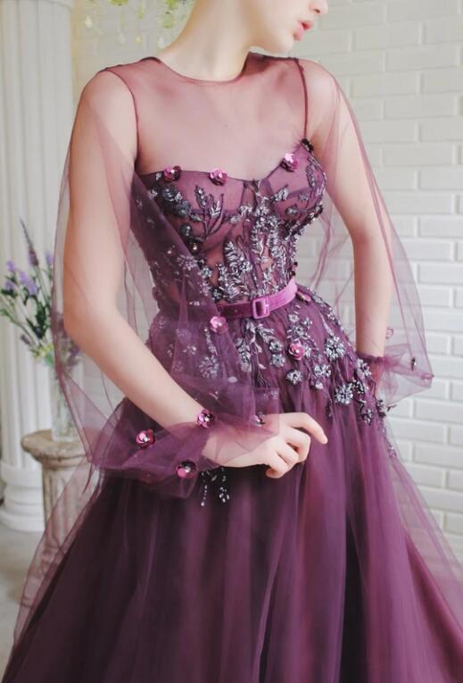 Elegant Evening Dresses Jewel Neck Lace 3D Floral Appliques Beaded Prom Dress Sweep Train Long Sleeves Formal Party Gowns