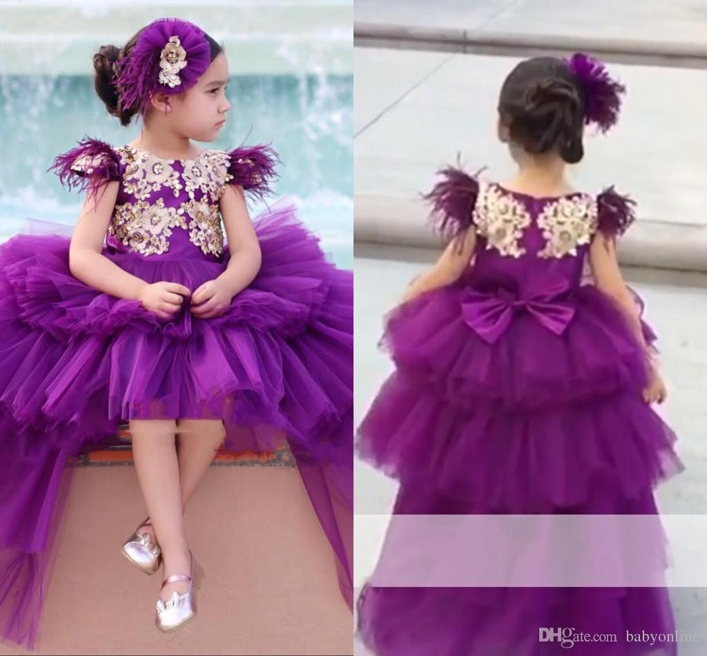 High Low Elegant Purple Girls Pageant Dresses Princess Cap Sleeve Gold Appliques Long Toddler Formal Party Prom Gowns For Kids