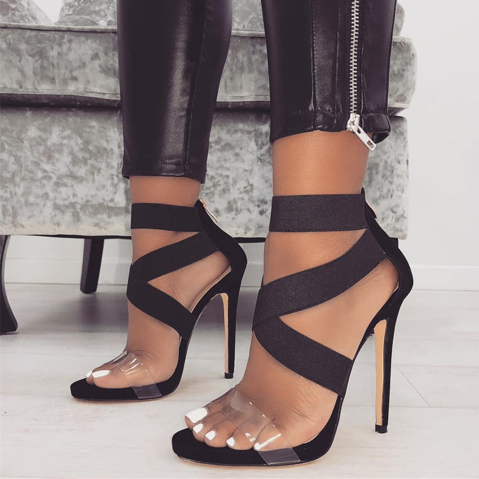 New patchwork elastic cross strappy high heels shoes women shoes size 35 to 40, Black