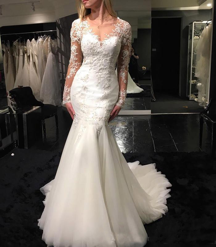 Modest Long Sleeves Mermaid Wedding Dresses Sheer Neck Appliques Tulle Illusion Back Sexy Bridal Gowns African Arabic Wedding Gowns