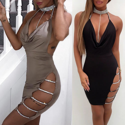 New Women Sexy Cocktail Club Dresses Bandage Bodycon Cut Out Sleeveless V neck Party Short Mini Dress