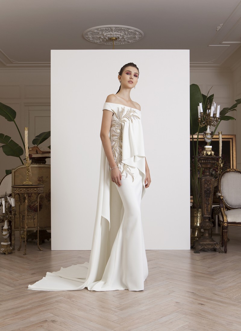 Azzi Osta 2019 White Mermaid Prom Dresses With Cape Off The Shoulder Lace Appliqued Celebrity Party Gowns Dubai Sweep Train Evening Dress