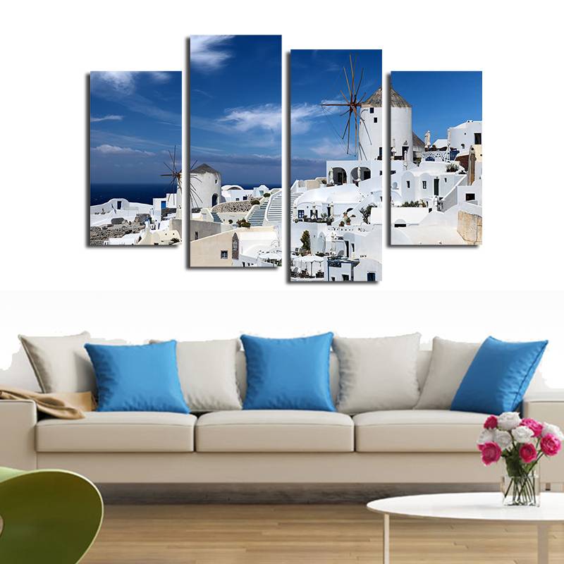 4pcs/set Unframed Greek Aegean Seaside White Buildings HD Print On Canvas Wall Art Picture For Home and Living Room Decor