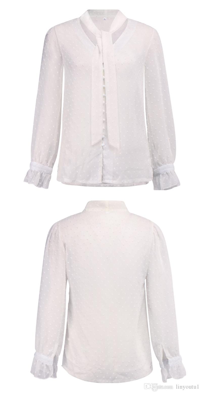 2020 Women's Perspective Button Tie Long Sleeve Top Sexy Chiffon Sheer Mesh Dot prints Top Shirt Office Ladies Work Leisure Clothes
