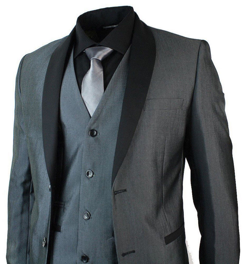 Men Slim Fit Suits Dark Grey Wedding Tuxedo With Black Shawl Lapel 3 Piece Office Wedding Dinner Party Suits