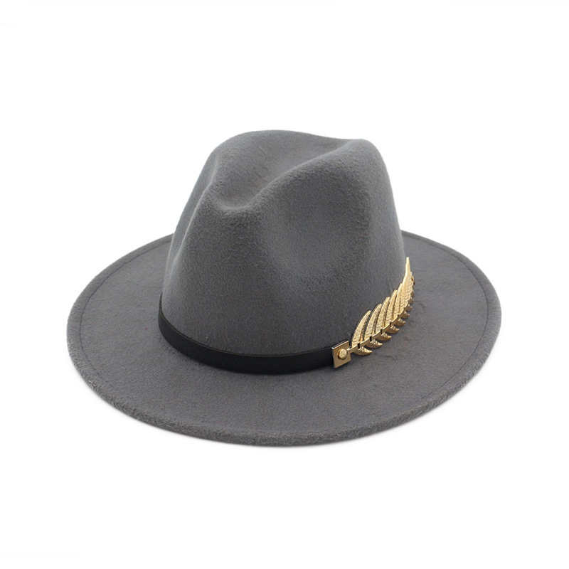 QIUBOSS Trend Solid Color Men Women Wool Felt Panama Hat Fedora Caps Leather Band Metal Leaves Pattern Black Jazz Trilby T200118