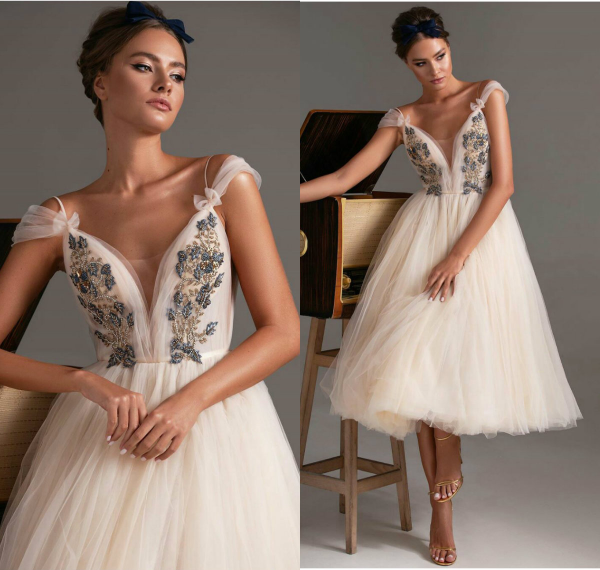 elegant evening dresses spaghetti strap sleeveless applique beaded party wear tiered tulle cheap custom made kneelength formal women gown