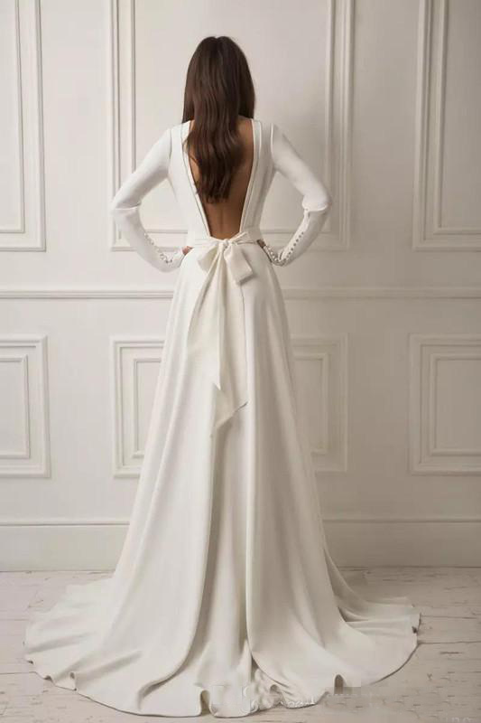 Lihi Hod Split Dresses Long Sleeves Satin Bridal Gowns Backless Robe De Mariee Plus Size Boho Wedding Dress 0521