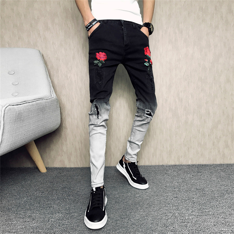 Ripped Hole Jeans Denim Pants Flower Embroidery Hip Hop Pants Casual Slim Fit Two Tone Men Fashion Trousers