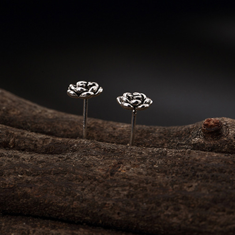 Retro Silver Rose Flower Stud Earrings Jewelry S925 Sterling Silver Prevent Allergy Ear Bone Nail Earrings