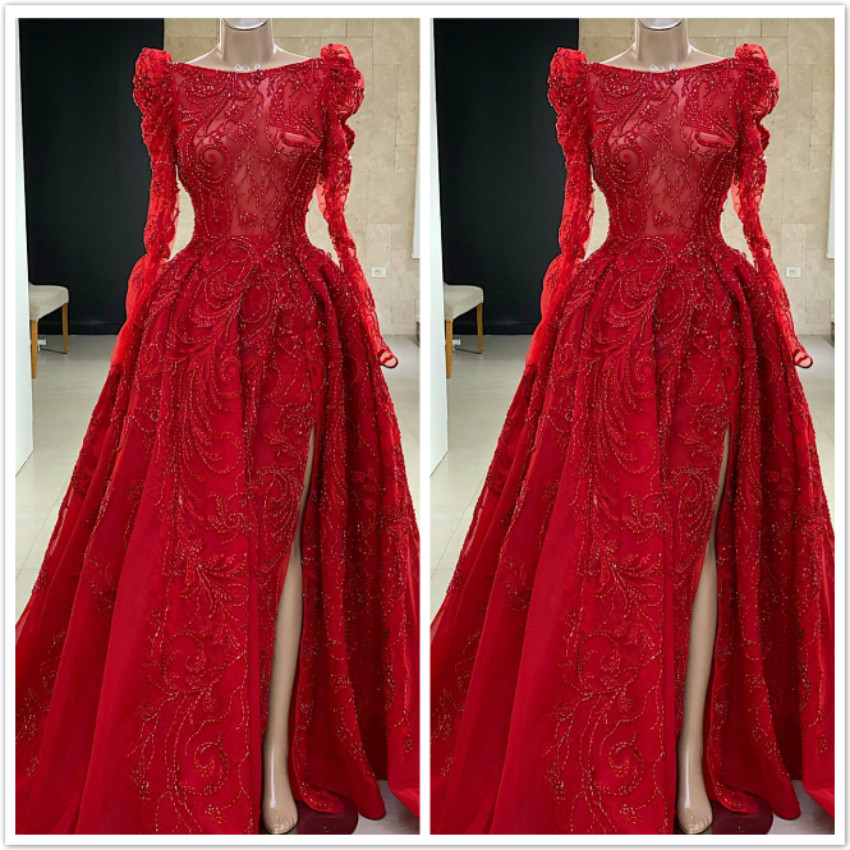red beading mermaid prom dresses bateau sheer long sleeve appliques evening dress party red carpet formal wear ogstuff robes de soire