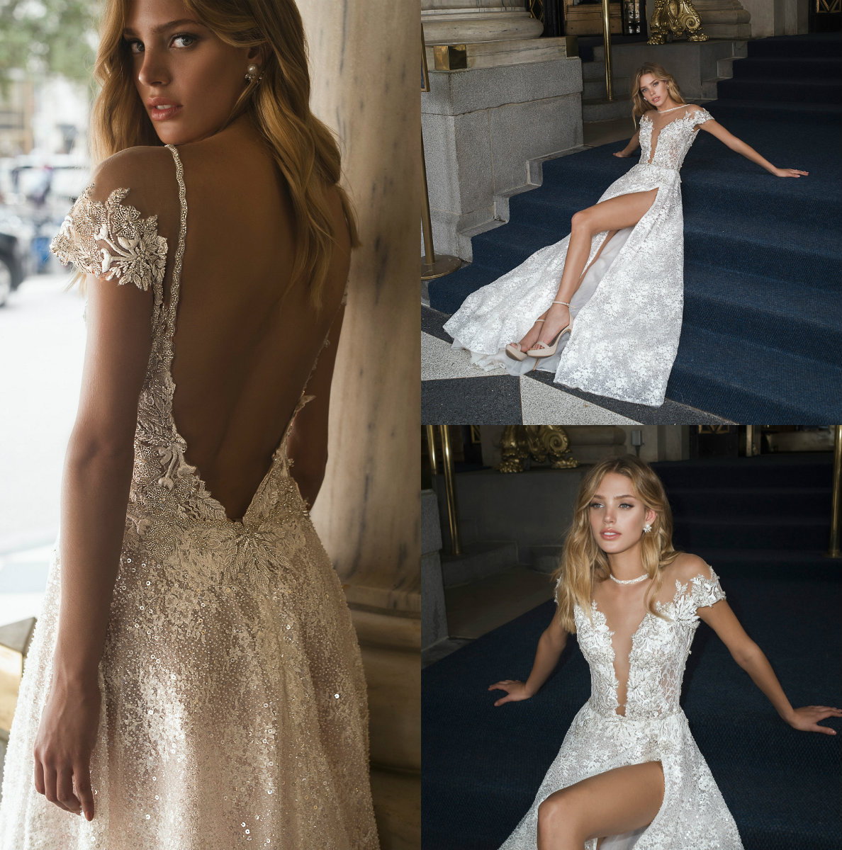 Sexy Thigh Slit Dresses Sheer Jewel Neck A Line Lace Bridal Gowns With Sequined Backless Plus Size Vestidos De Noiva Wedding Dress
