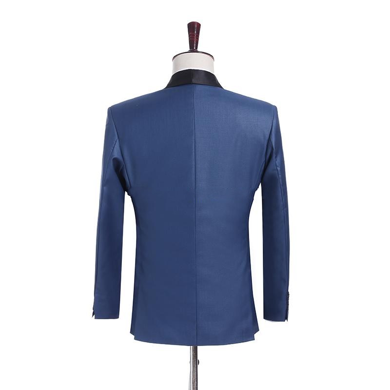 New Popular Side Slit One Button Navy Blue Wedding Groom Tuxedos Shawl Lapel Groomsmen Men Formal Prom Suits (Jacket+Pants+Vest+Tie) W220