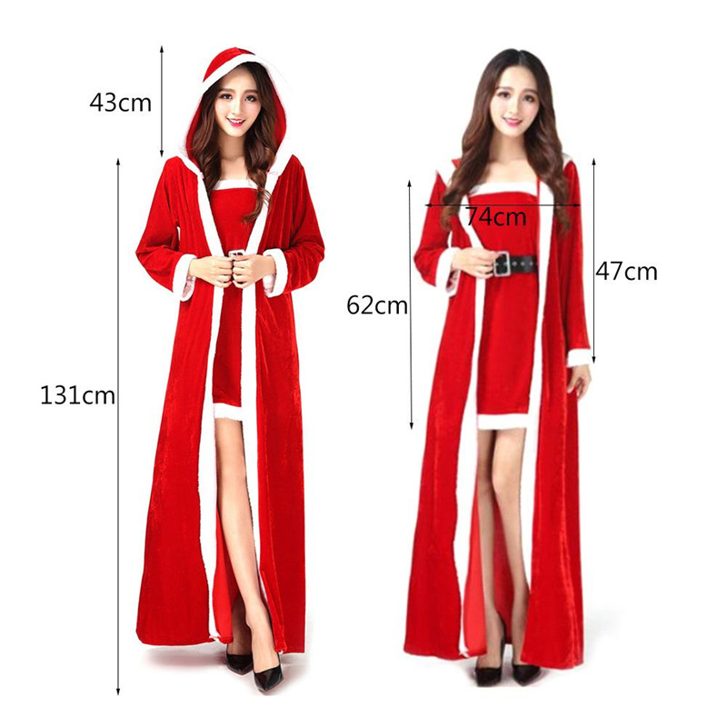3pcs Set Women Bandeau Dress Long Maxi Hooded Cloak and Belt Belt Velvet Christmas Costume Ms. Santa Claus Cosplay Club Night Party Outfit