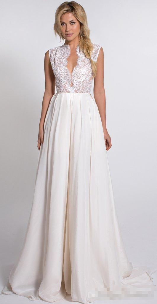 Plunging V Neck Ivory Boho A Line Wedding Dresses Chiffon Lace Applique Hollow Back Sweep Train Beach Bridal Gowns Plus Size