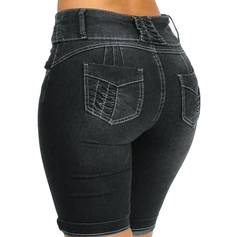 GAOKE Knee Length Denim Shorts Women Push Up Elastic High Waist Biker Shorts Jean Shorts Women Summer 2020 Black Streetwear Y200509