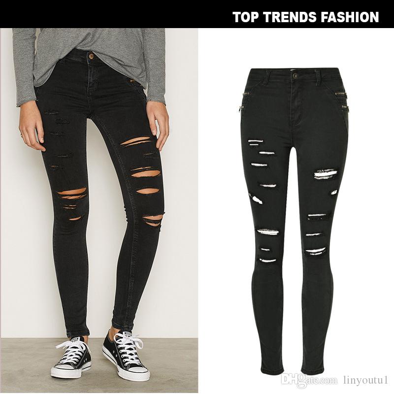 2020 Women Skinny Jeans Girls Pants Holes Knees Pencil Pants Casual Pants Black Elastic Shredded Jeans Black Ripped Jeans