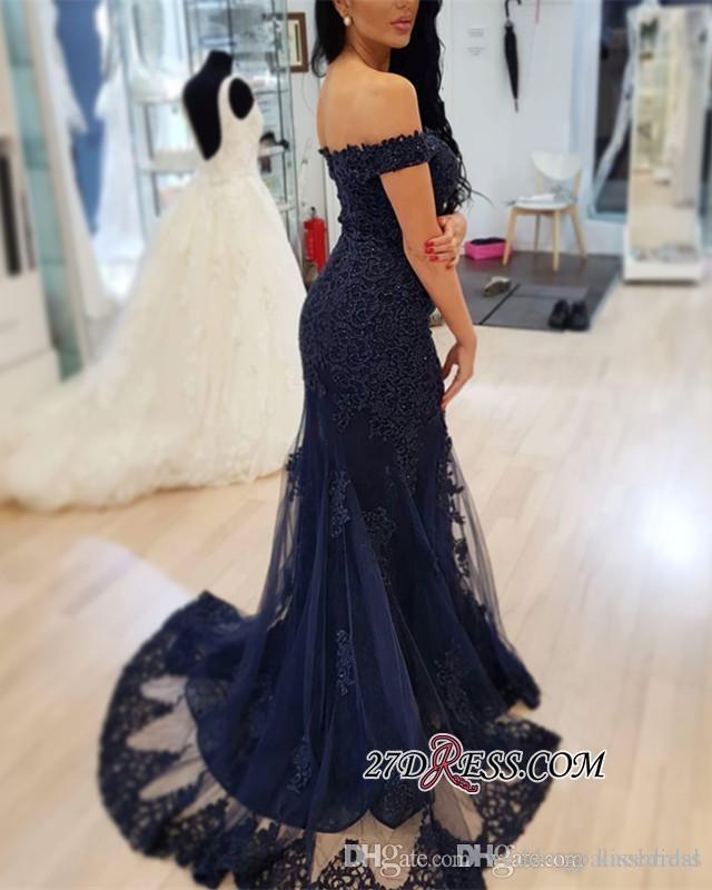 Navy Blue New Mermaid Prom Dresses Off The Shoulder Beaded Zipper Lace Formal Long Evening Gowns Tail Party Dress Red Carpet Gown