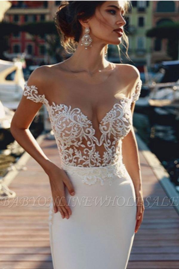 2019 Sheer Short Sleeves Lace Mermaid Wedding Dresses Tulle Applique Illusion Sweep Train Summer Beach Boho Wedding Bridal Gowns BC1507
