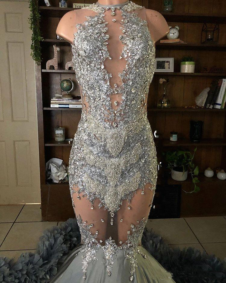 Beaded Lace Applique Prom Dress With Feather Gray Black Girls Prom Dress Formal Dress Party Gowns