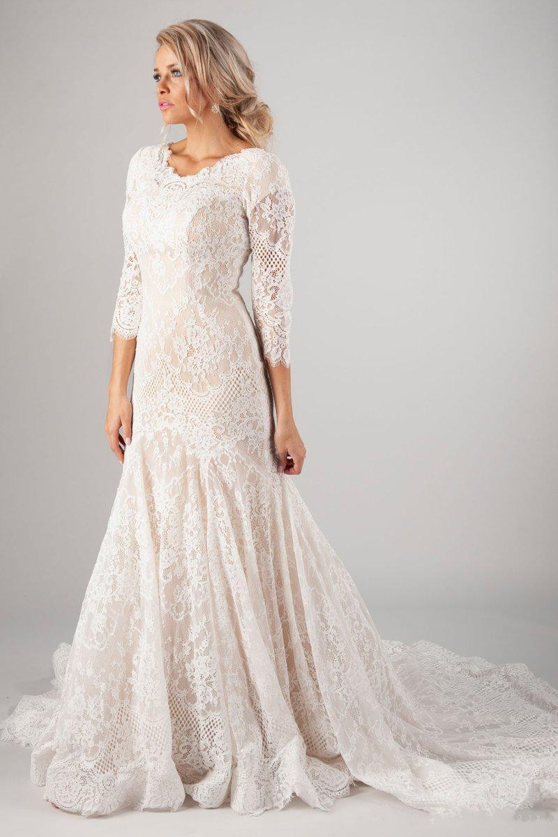 New Mermaid Lace Modest Wedding Dresses With 3/4 Long Sleeves Vintage LDS Muslim Bridal Gowns Sweep Train Buttons Back