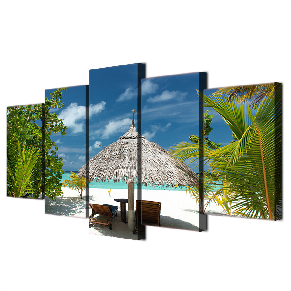Modern Home Decor Pictures HD Prints 5 Pieces Tropical Island Painting Wall Art Canvas Palm Tree Beach Seascape Poster No Frame