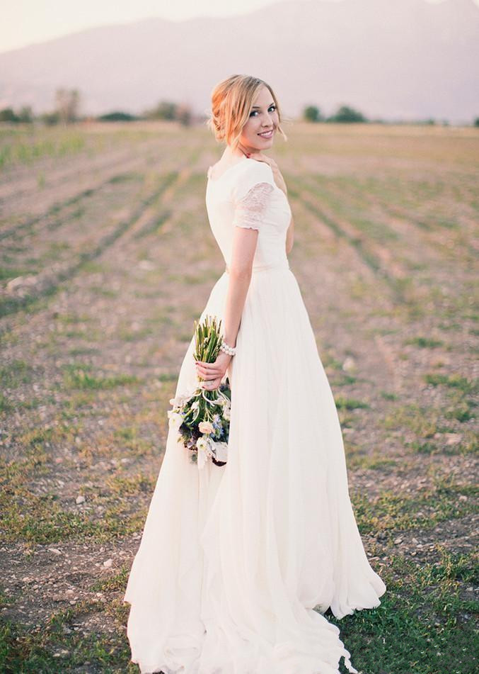 informal modest chiffon wedding dresses v neck cheap simple country short sleeve lace bridal gowns vestidos de novia