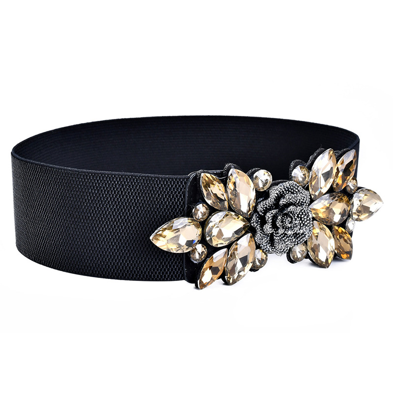 Fashion Elastic Stretch Women's Belt Flower Rhinestone Wide Belt Ladies Decorative Skirt Accessories