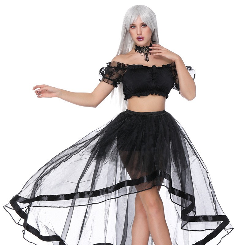 Women 2pcs Dancing Outfit Lolita Rose Floral Lace Mesh Short Sleeves Crop Top with Mesh Floor Hi-lo Skirt Pardy Dress