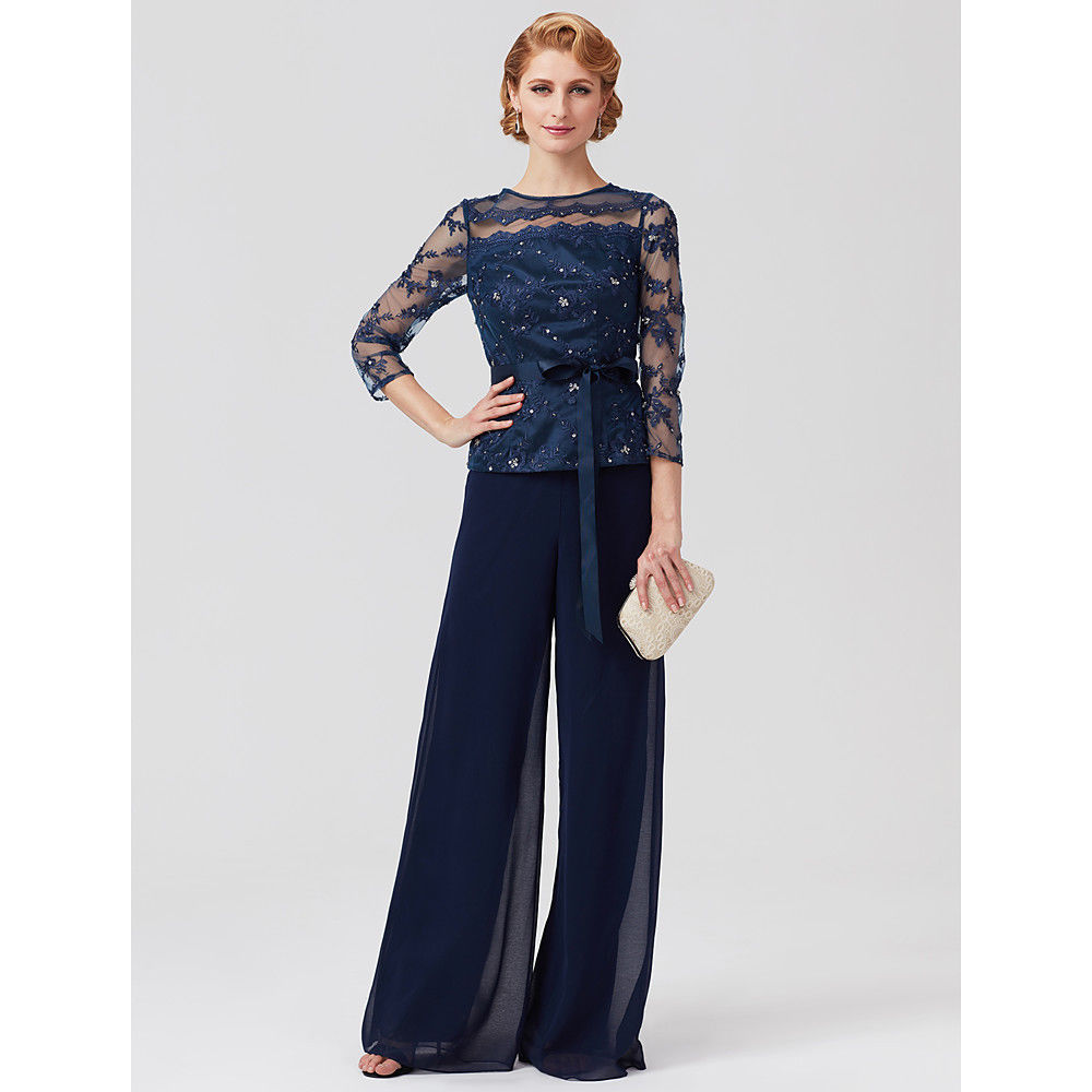 Navy Blue Mother of the Bride Dresses Pant Suits For Wedding Lace Plus Size 3/4 Long Sleeve Formal Garment Outfit Evening Wear