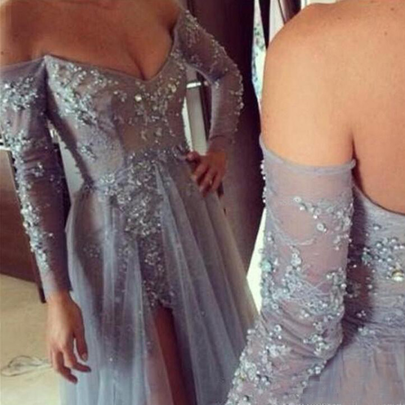 Off-Shoulder Sexy Lace Prom Dresses with Long Sleeve Appliques Sequined Sparkle Evening Gowns Side Split Elegant Grey Formal Dresses