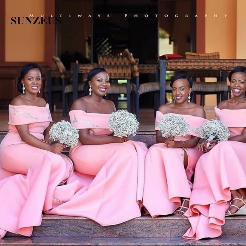 New Nigerian Baby Pink Bridesmaid Dresses Off Shoulders Plus Size Maid of Honor Gowns Cheap Leg Slits Formal Prom Gowns With Wraps 2019