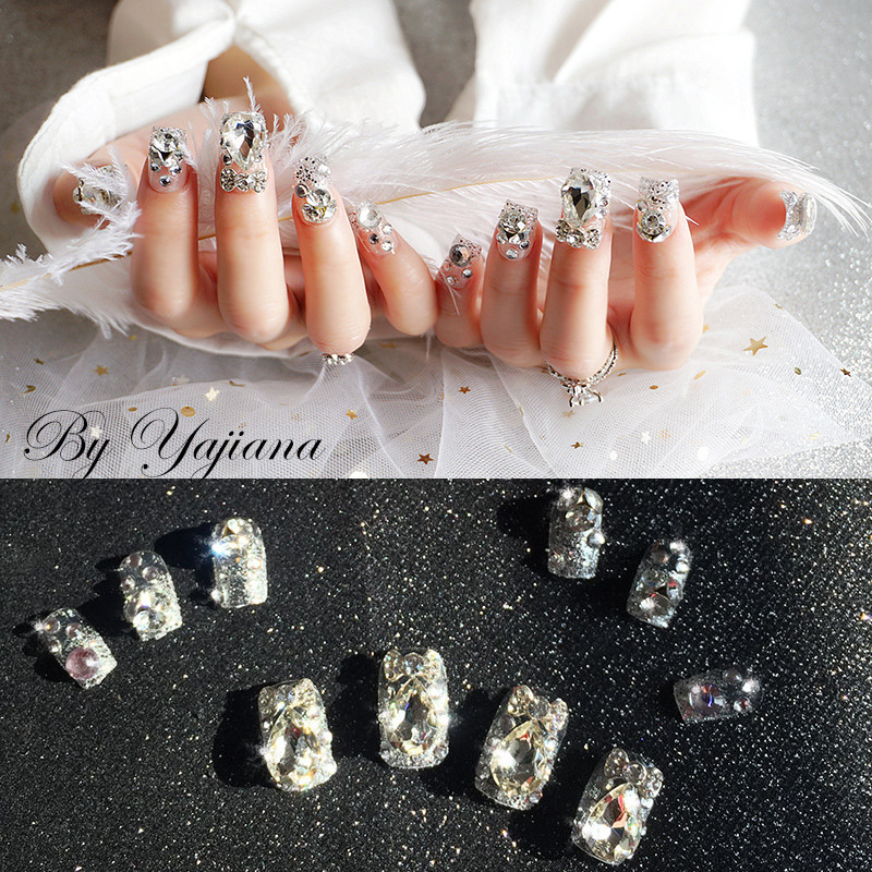 ins hot Pearl Shine False Nails Bridal full nails with diamond shinny women nails