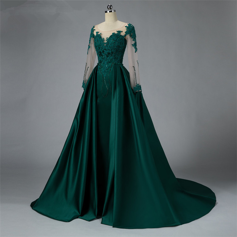 setwell dark green satin mermaid evening dresses custom side split gown detachable train long sleeves prom dress robe de soiree