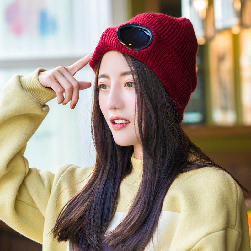 Women Men Double-use Thickened Hats Winter Warm Knitted Beanies Outdoor Ski Cap Sunglasses Accessories Adult Cap