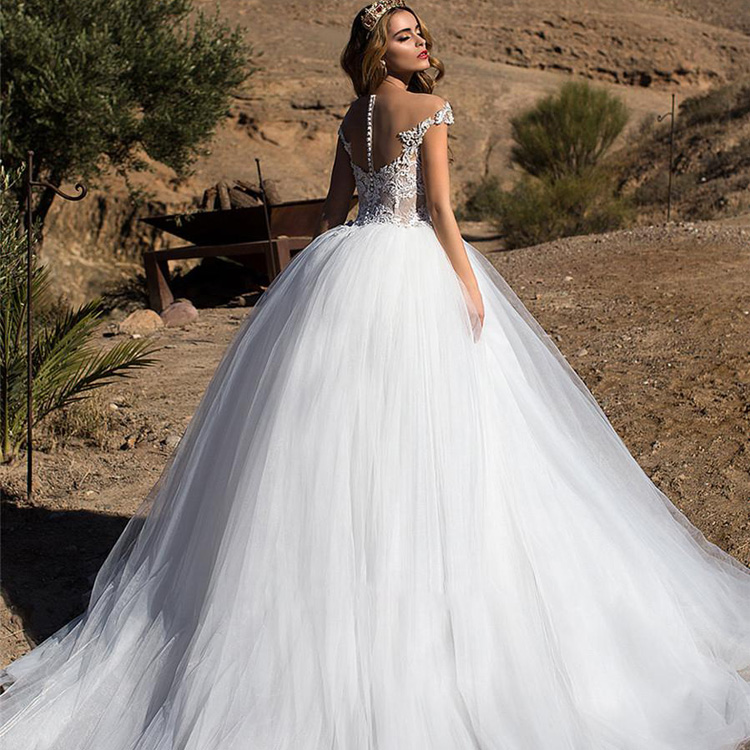 Short Sleeve Ball Gown Weeding Dresses Off Shoulder Lace Appliqued Tulle Bridal Gowns Plus Size Puffy Backless Sweep Train Wedding Dress