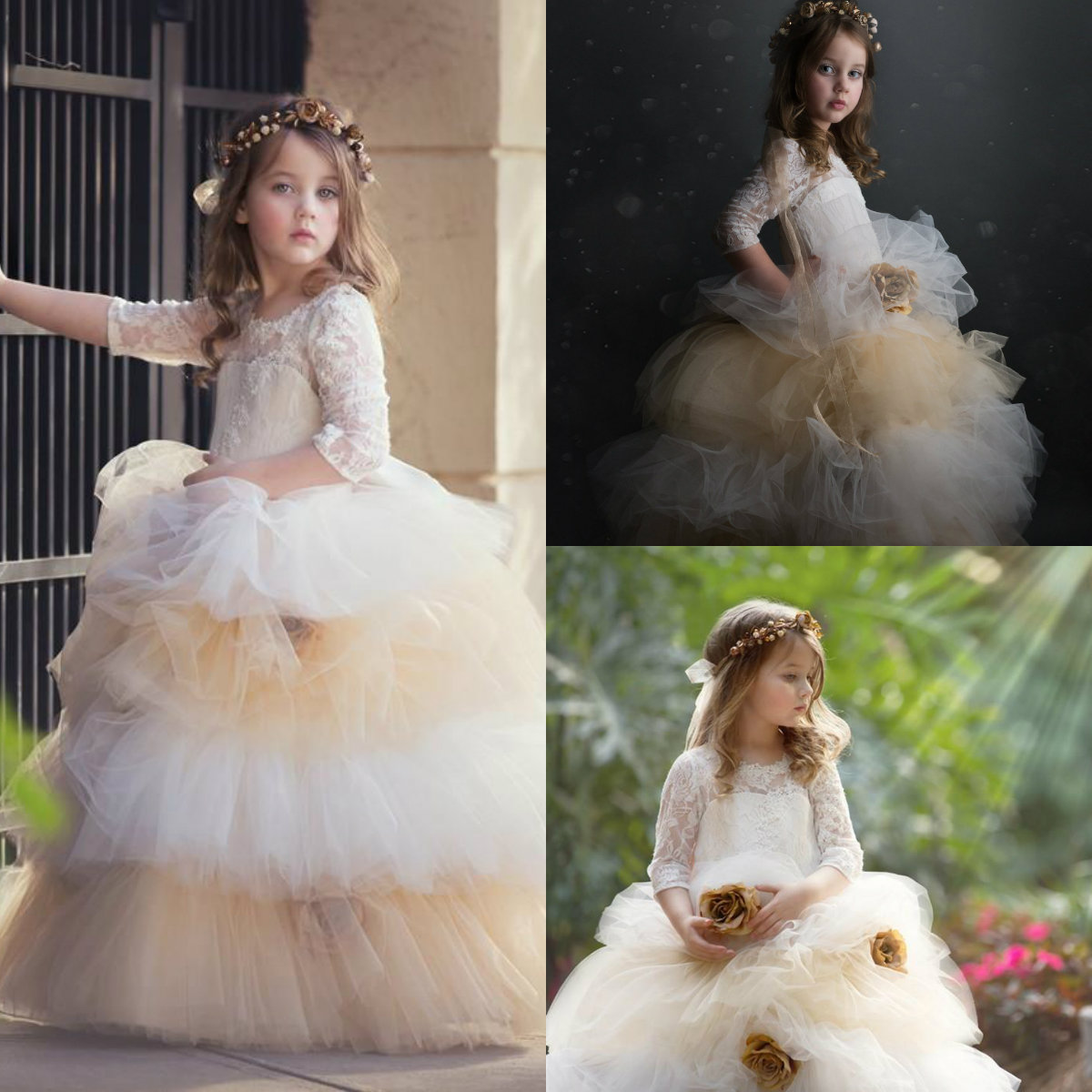 2019 Lace Flower Girl Dresses Jewel Neck Hand Made Flower First Communion Gowns Half Long Sleeves Ball Gown Girls Pageant Dresses