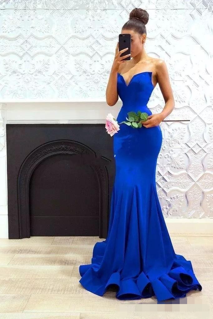 Mermaid Royal Blue Prom Dresses Sweetheart Necke Simple Satin Sweep Train Custom Made Plus Size Formal Evening Party Gowns 6660306