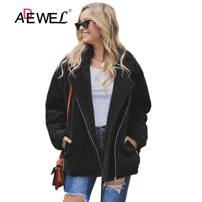 

ADEWEL Woman Black Breaker Pocketed Sherpa Statement Jaqueta Bomber Plush Coat Plus Size Zipper Polyester Okrycia Wierzchnie XXL, Lc85292-15