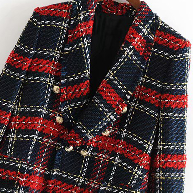 Vintage Double Breasted Frayed Checked Tweed Blazers Coat Women 2019 Fashion Pockets Plaid Ladies Outerwear Casual Casaco Femme D19011104