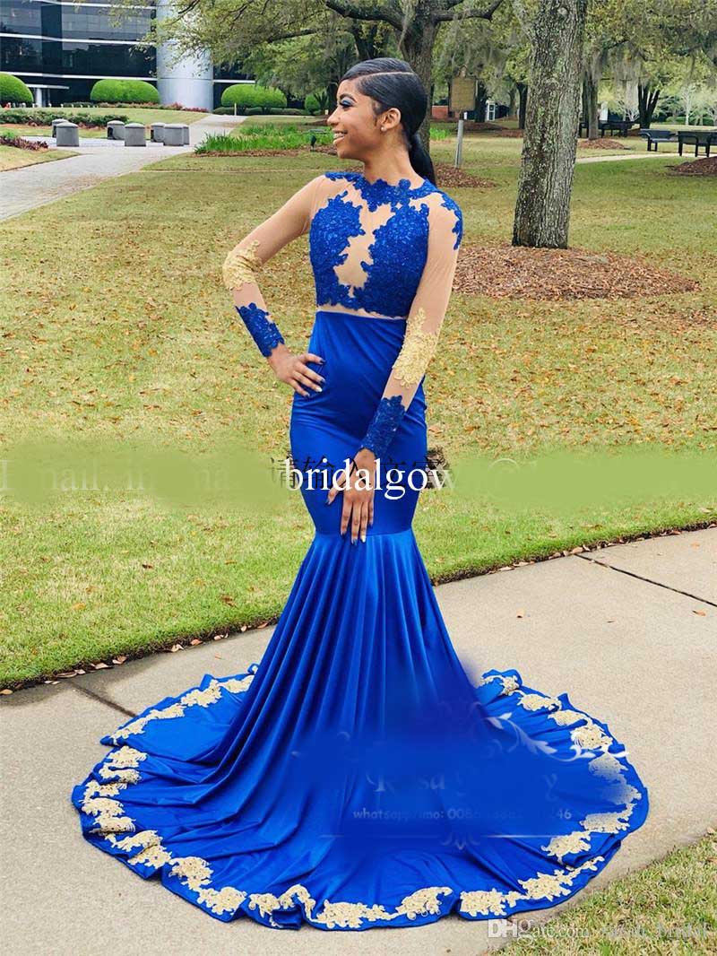 Sexy Royal Blue Mermaid Prom Dresses 2020 Gold Lace Appliques Long Sleeves Sequined Beaded African Arabic Girls Graduation Gowns