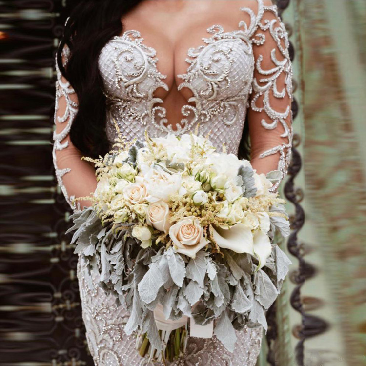 Luxury African Dubai Mermaid Wedding Dresses Illusion Long Sleeves vestido de noiva Lace Appliques Slim Formal Bridal Gowns
