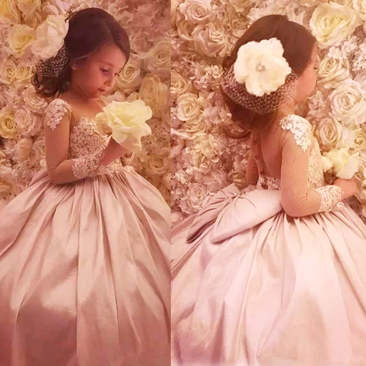 Sheer Neck Ball Gown Flower Girls Dresses With Big Bow Long Sleeve Appliqued Little Girl Pageant Birthday Dress