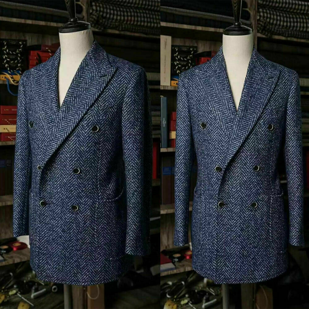 Navy Blue Plaid Thick Mens Wedding Suits Wool Peaked Lapel Groom Formal Wear Prom Tuxedos Best Man Blazer Suit Only One Piece