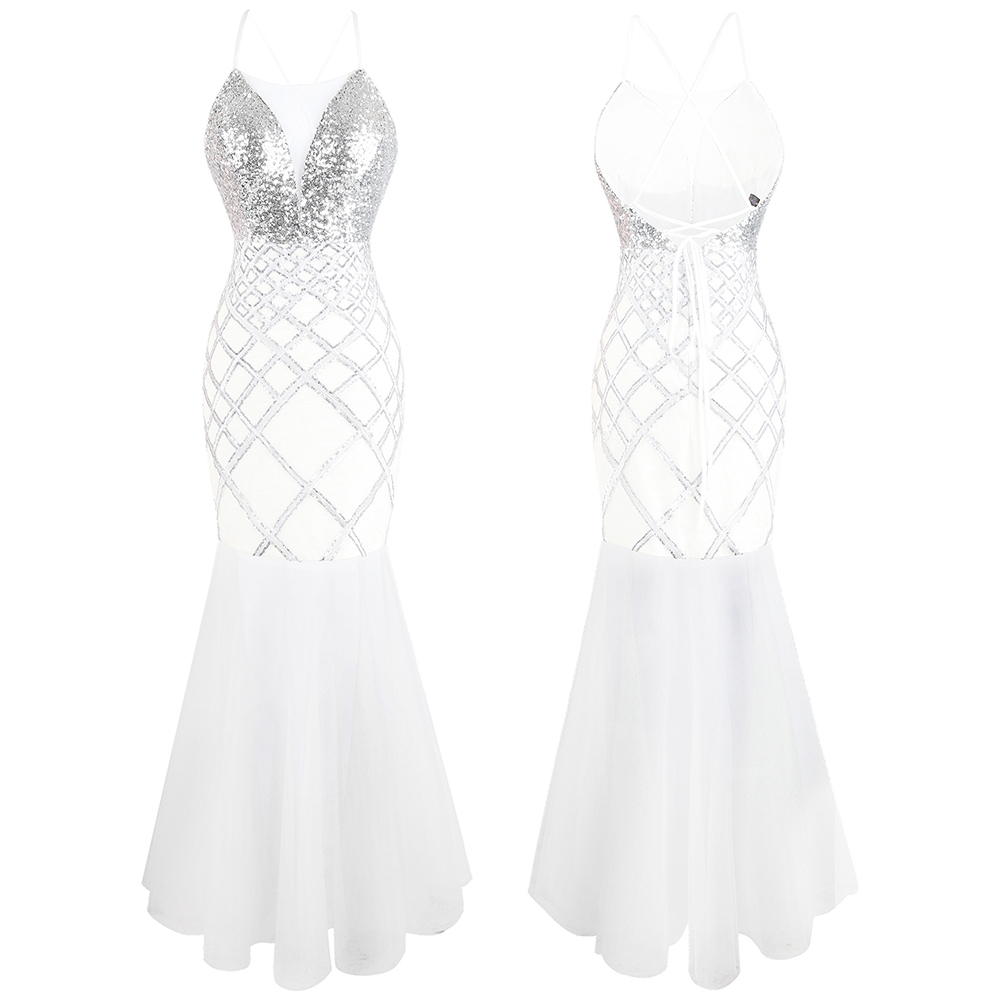 Angel-fashions Women's Spaghetti Straps Backless Sequins Tulle Evening Dresses Long Bodycon Mermaid Party Dress Silver 470
Angel-fashions Women's Spaghetti Straps Backless Sequins Tulle Evening Dresses Long Bodycon Mermaid Party Dress Silver 470