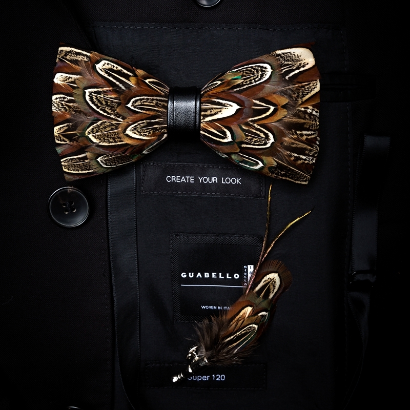 GUSLESON Exquisite Hand made Feather Bow Tie Brooch Pin Set With Gift Box Pre-tied Men Tie Bowtie For Wedding Party 201028