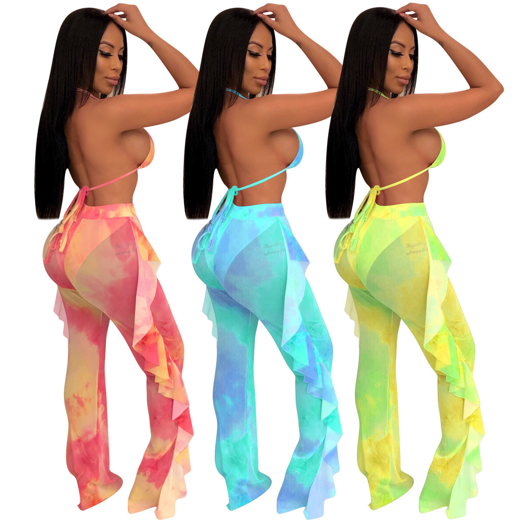 HAOYUAN Sexy Two Piece Set Mesh Crop Top and Ruffle Pants Matching Sets Summer Festival Clothing 2 Piece Club Outfits for Women