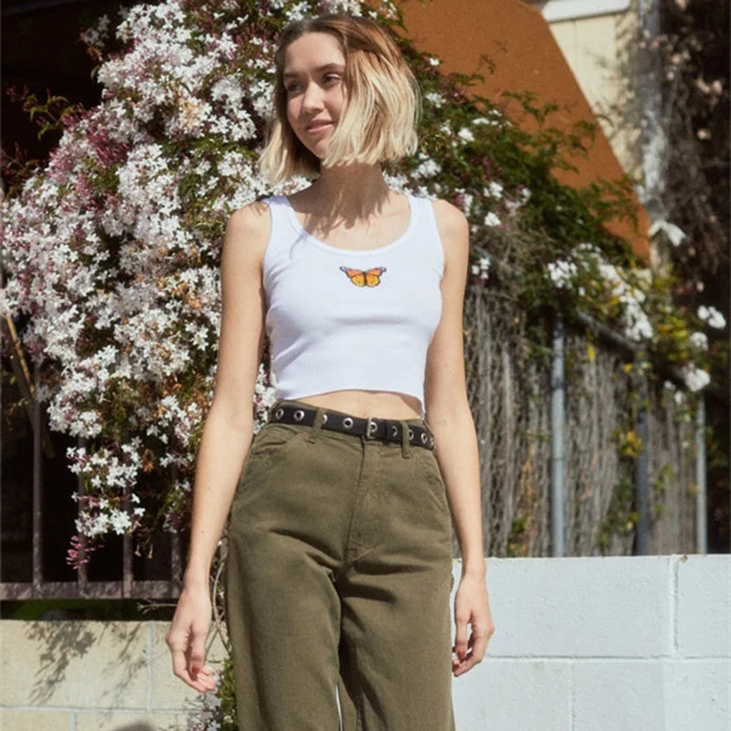 2020 Fashion Sexy Women Ladies Butterfly Print White Tank Tops Sleeveless Wear Strappy Tank Top Vest Summer Short Crop Tops
